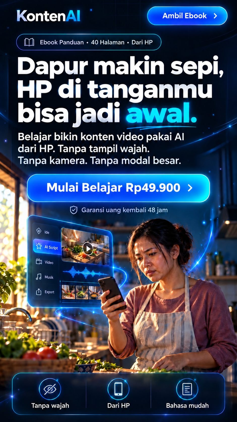 Dapur makin sepi, HP di tanganmu bisa jadi awal. Belajar bikin konten video pakai AI dari HP. Tanpa tampil wajah, tanpa kamera, tanpa modal besar. Pilih paket mulai Rp49.900. Garansi uang kembali 48 jam.