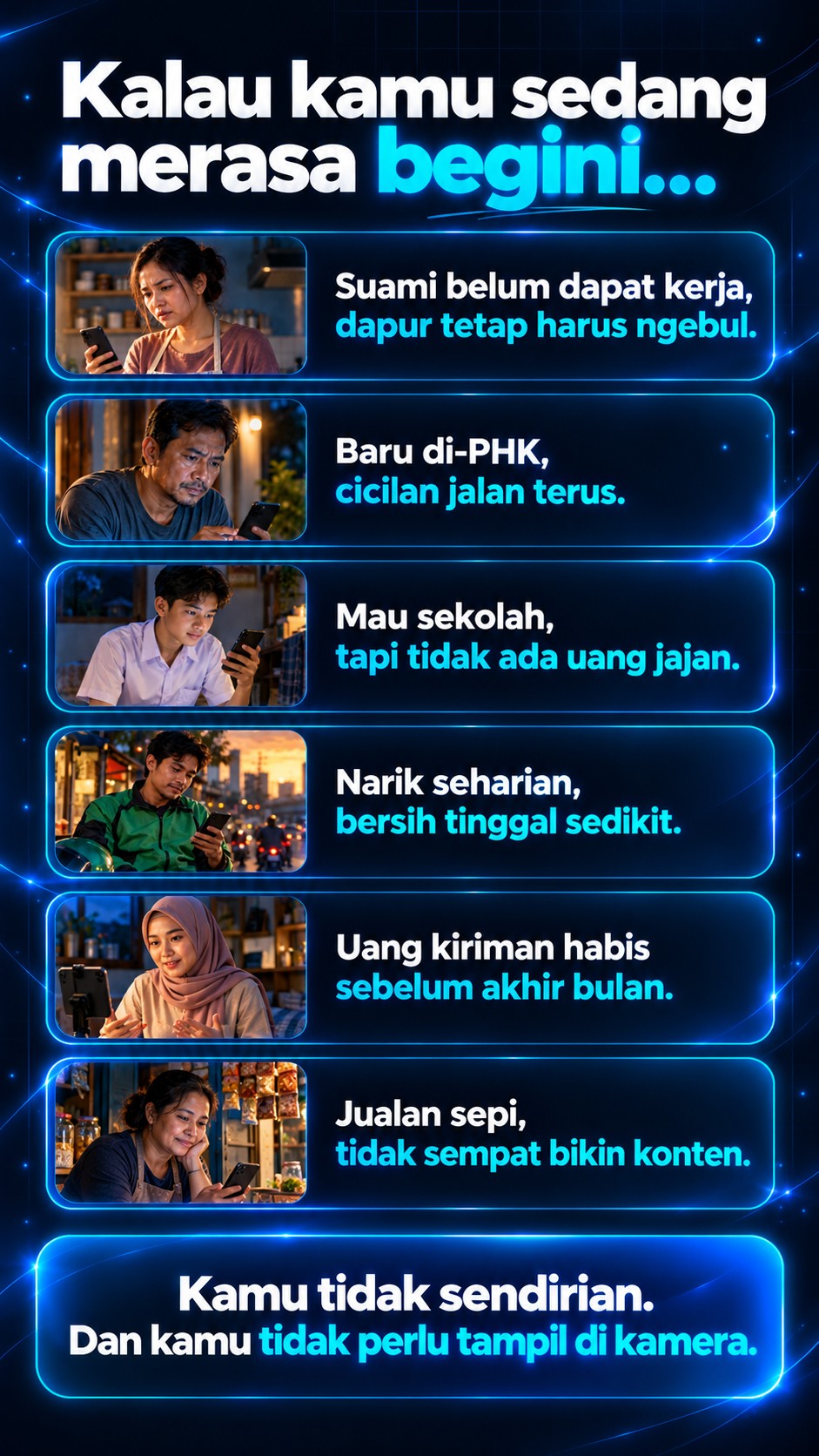 Kalau kamu sedang merasa begini: suami belum dapat kerja, baru di-PHK, mau sekolah tapi tidak ada uang jajan, narik seharian bersih tinggal sedikit, uang kiriman habis sebelum akhir bulan, jualan sepi. Kamu tidak sendirian. Dan kamu tidak perlu tampil di kamera.