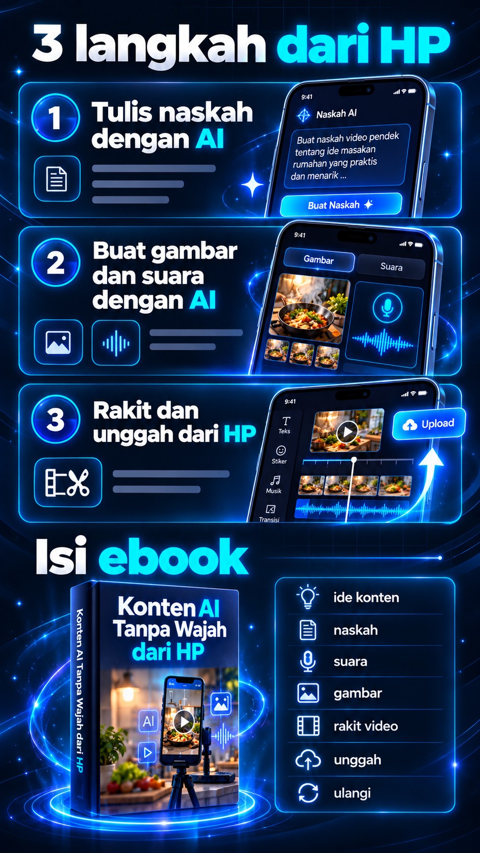 3 langkah dari HP: tulis naskah dengan AI, buat gambar dan suara dengan AI, rakit dan unggah dari HP. Isi ebook: ide konten, naskah, suara, gambar, rakit video, unggah, ulangi.