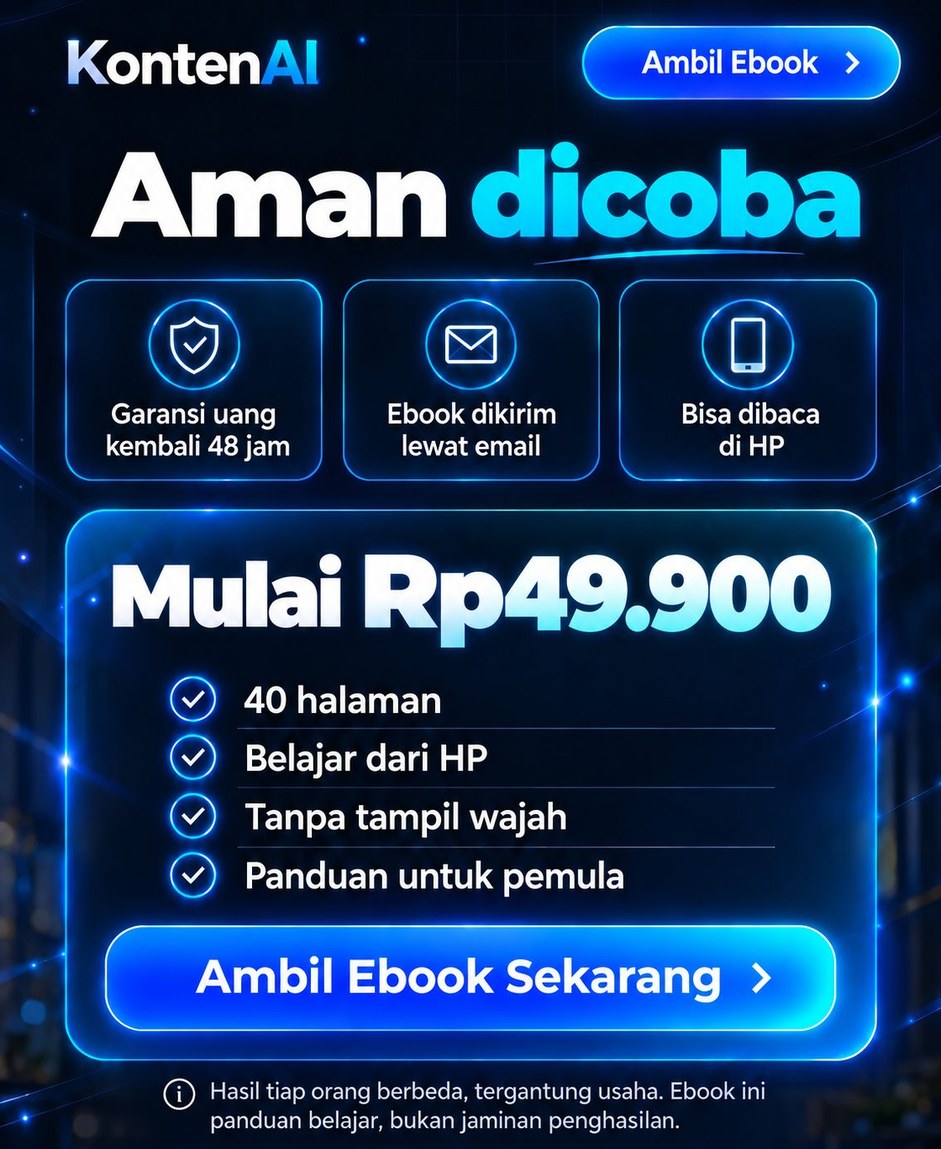 Aman dicoba: garansi uang kembali 48 jam, ebook dikirim lewat email, bisa dibaca di HP. Mulai Rp49.900. Hasil tiap orang berbeda, tergantung usaha. Ebook ini panduan belajar, bukan jaminan penghasilan.